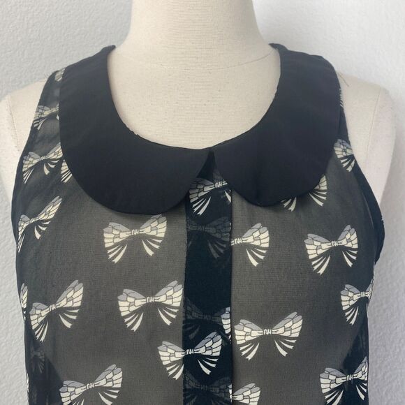 Glam Doll Black Sheer Blouse Med Bow Print Peter Pan Collar Whimsy Goth Siren - Picture 2 of 12